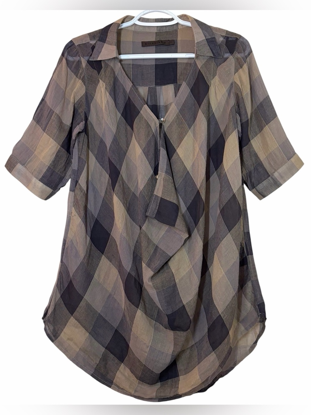 NICHOLAS K Lightweight Draped Checkered Plaid Sheer Blouse Size S Avant Garde